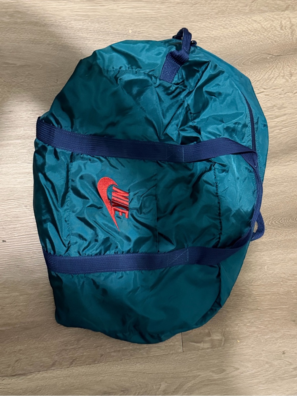 Vintage Nike Teal Duffel Bag with Red Logo